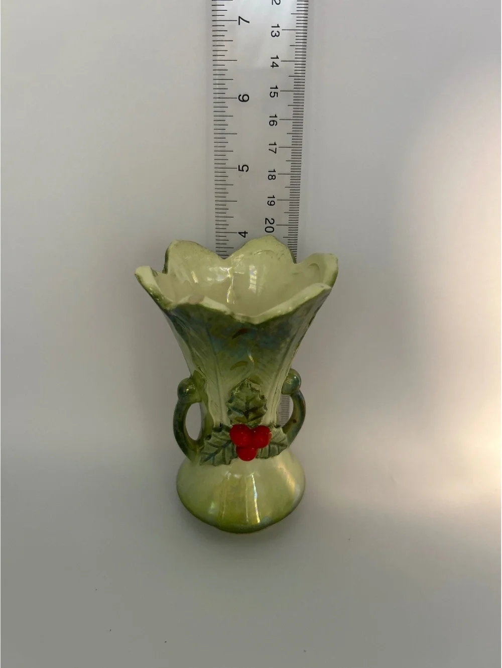 Vintage 1950s Holly Berries & Leaves Ceramic Bud Vase – Green Iridescent Glaze